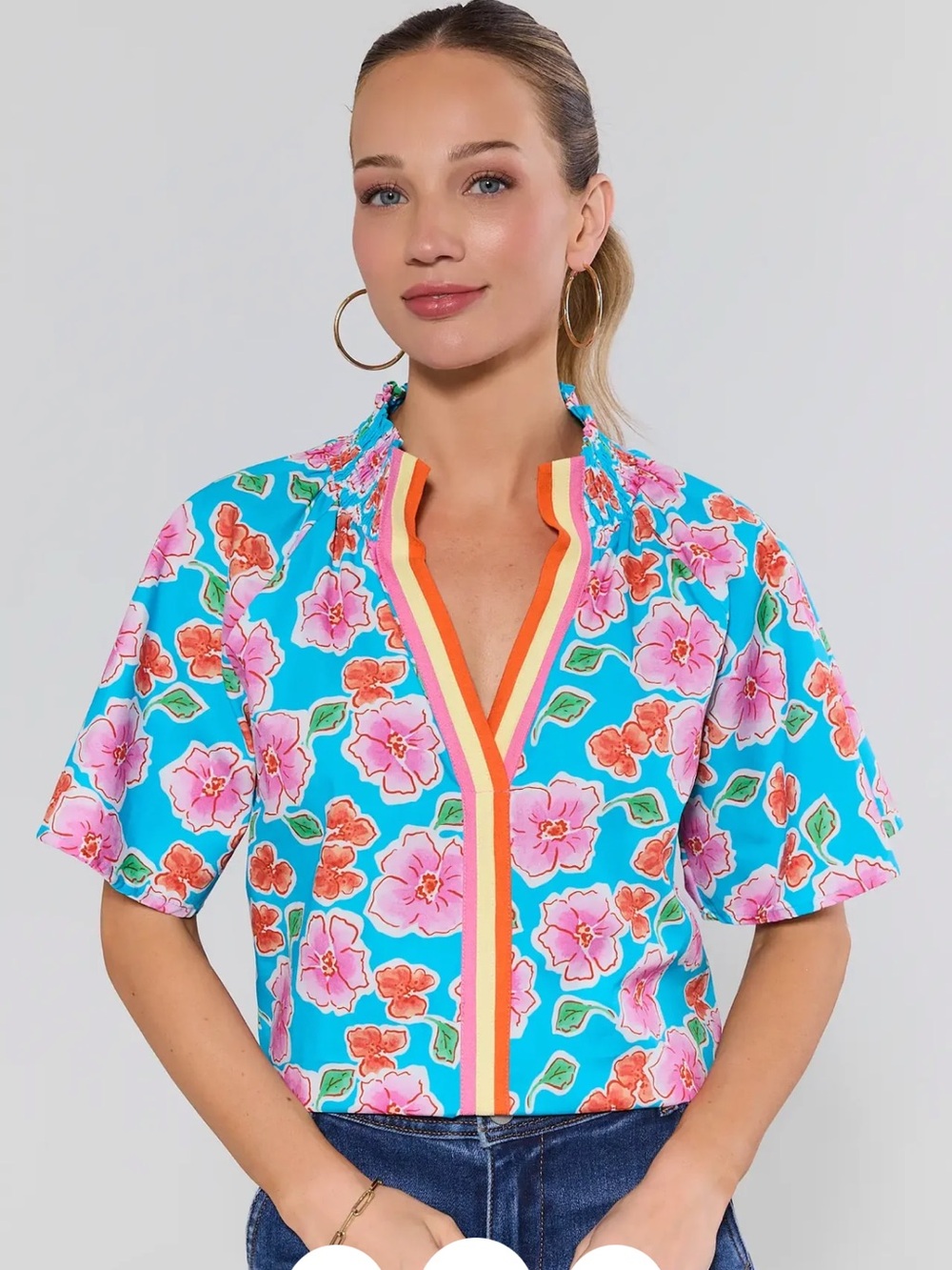 THML Turquoise Floral V-Neck Short Sleeve Top with Pink Accents